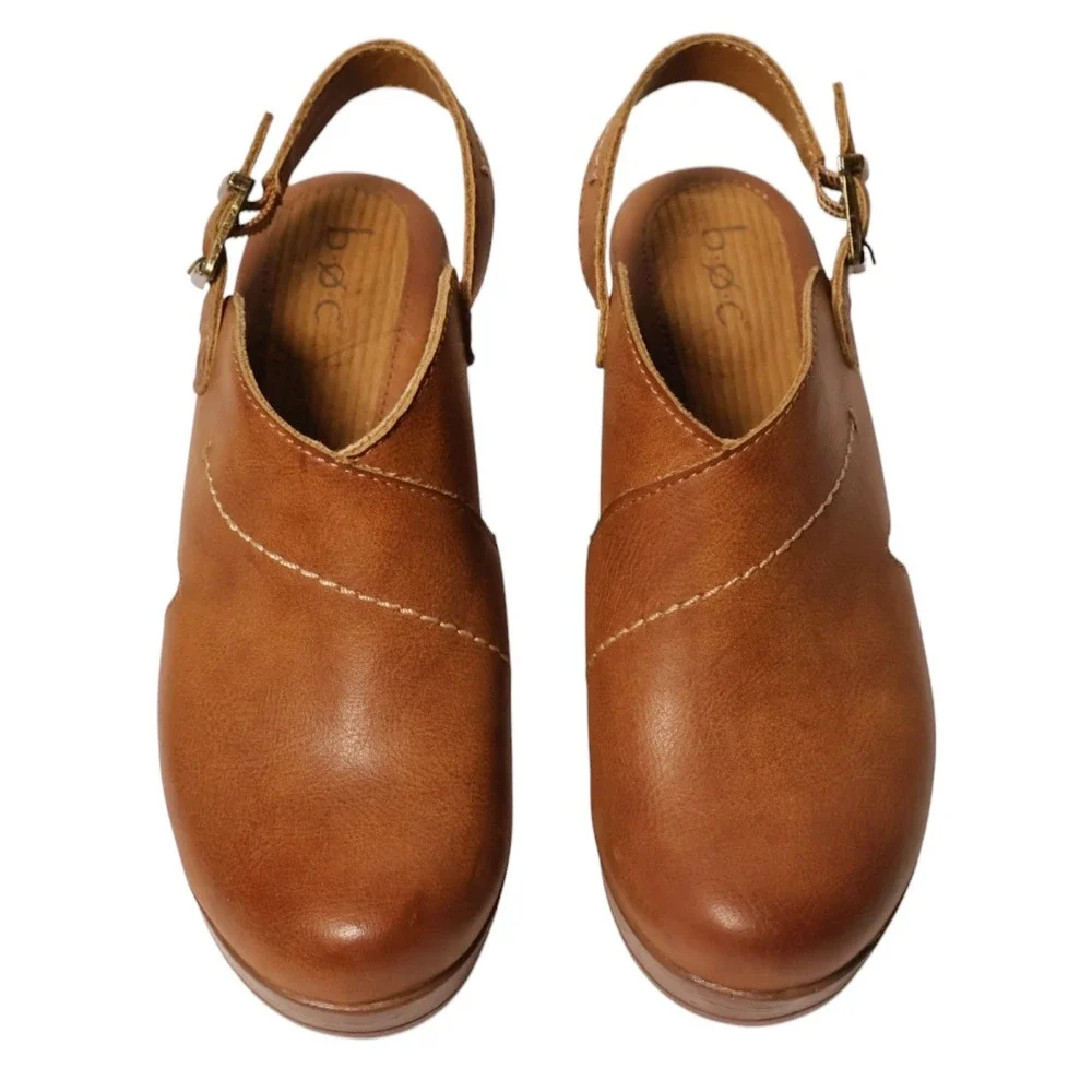 B.O.C. Tan Cognac Faux Leather Slingback Platform Clog Heels Size 7